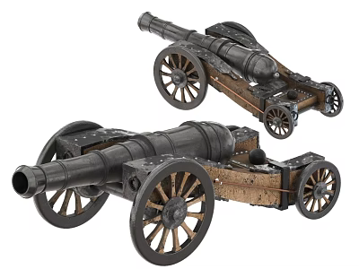 Historical Ancient Cannon Weapon With Wooden Wheels And Metal Barrel Design 3d model