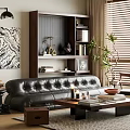 Modern Minimalist Living Room Interior With Leather Sofa And Wooden Coffee Table Set Bookshelf Plant