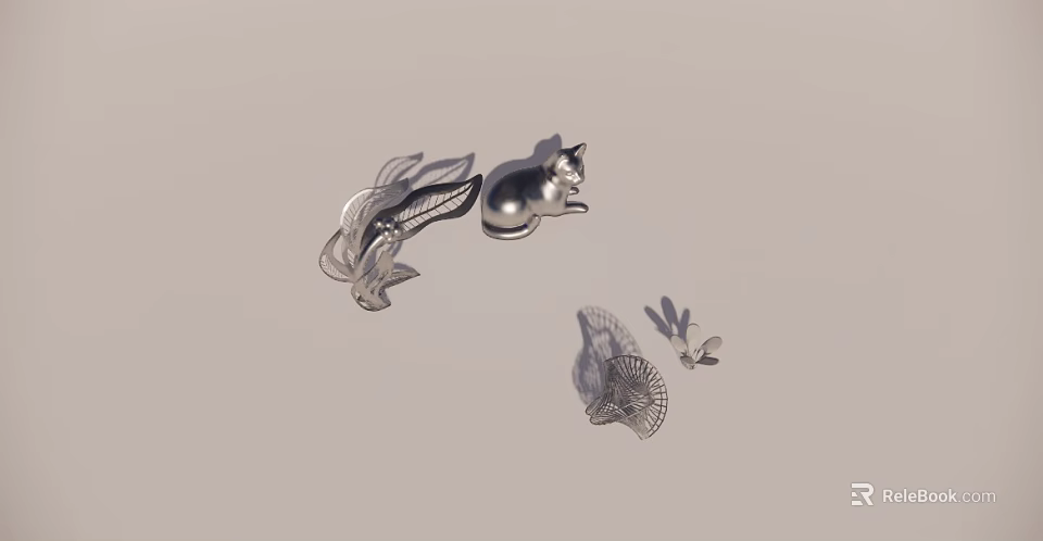 Silver Metal Decorative Ornaments With Cat Leaf And Butterfly Shapes 3d model 