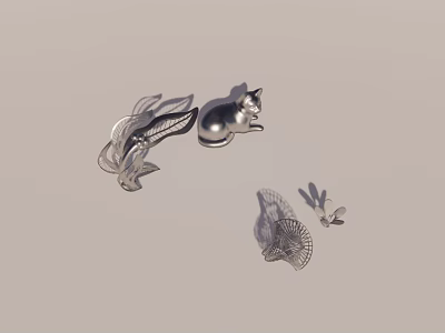 Silver Metal Decorative Ornaments With Cat Leaf And Butterfly Shapes 3d model