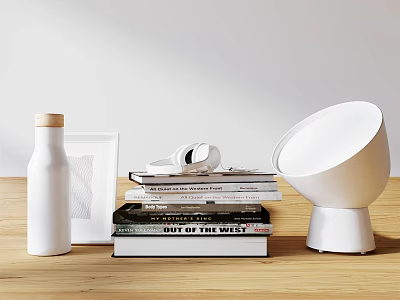 Stylish Decorative Accessory Set With White Bottle Photo Frame Stacked Books Headphones And Modern Lamp 3d model