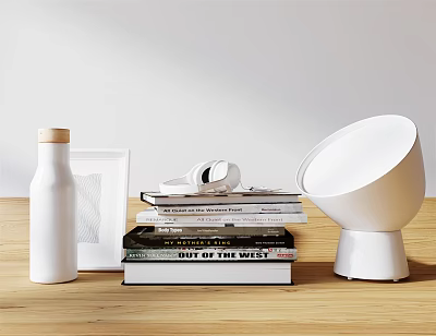 Stylish Decorative Accessory Set With White Bottle Photo Frame Stacked Books Headphones And Modern Lamp 3d model