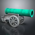 Ancient Green Cannon With Carved Decorations And Metal Wheels Displayed On Reflective Surface