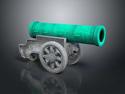 Ancient Green Cannon With Carved Decorations And Metal Wheels Displayed On Reflective Surface 3d model