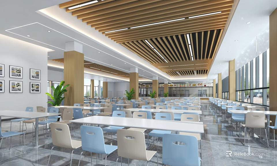 Modern Dining Hall Interior With Light Blue Beige Chairs Long Tables 3d model