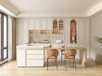 Modern Open Kitchen Dining Area Interior With White Cabinets Island And Rattan Chairs 3d model
