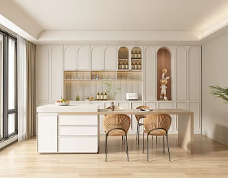 French Antique Home Restaurant Kitchen Dining Table and Chair Combination Rattan Dining Chair French Cabinet Kitchen Supplies 3d model