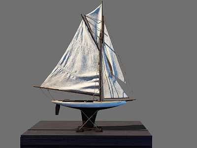 Decorative Sailboat Model Ornament Set With White Sails And Dark Wooden Base 3d model