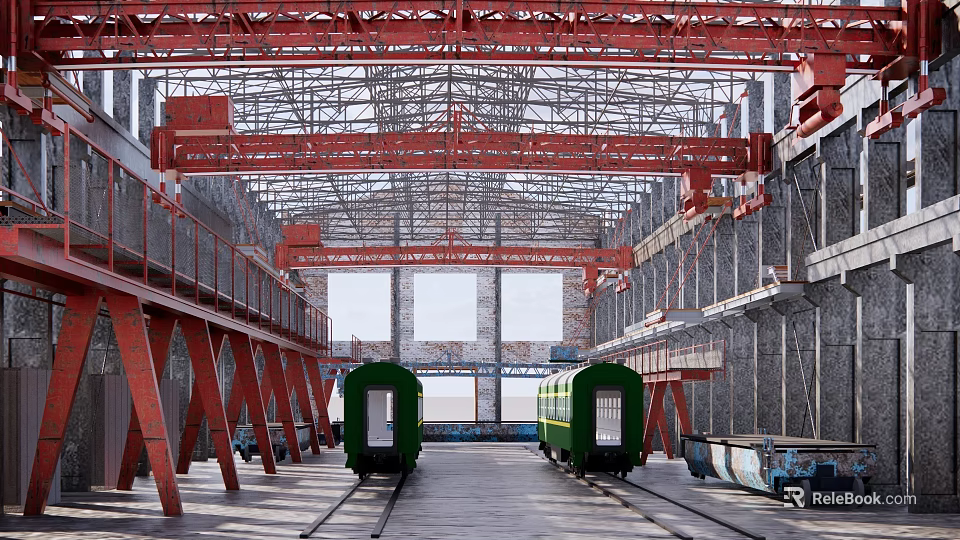 Industrial Factory Interior Featuring Red Cranes Green Train Carriages Metal Tracks And High Ceilings 3d model 