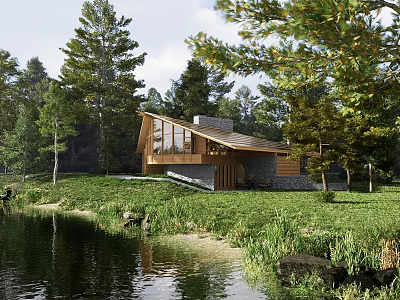 Modern Detached Villa With Large Windows And Lake View Surrounded By Trees 3d model