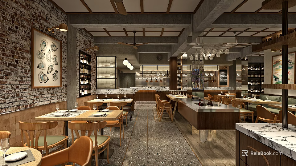 Rustic Restaurant Interior With Brick Wall Wooden Tables Wine Racks And Pendant Lights 3d model 