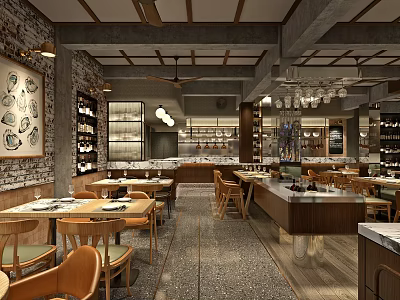 Rustic Restaurant Interior With Brick Wall Wooden Tables Wine Racks And Pendant Lights 3d model