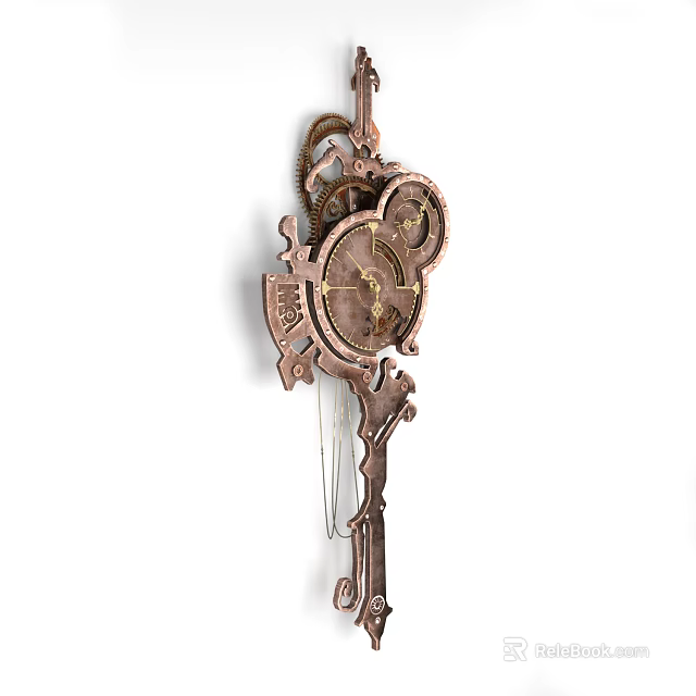 Vintage Mechanical Wall Clock With Decorative Gears Ornate Design And Hanging Pendulum 3d model 