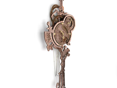 Vintage Mechanical Wall Clock With Decorative Gears Ornate Design And Hanging Pendulum 3d model