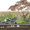 Zen Courtyard Garden with Red Maple Tree Bamboo Fence Stone Water Feature And Tea Set