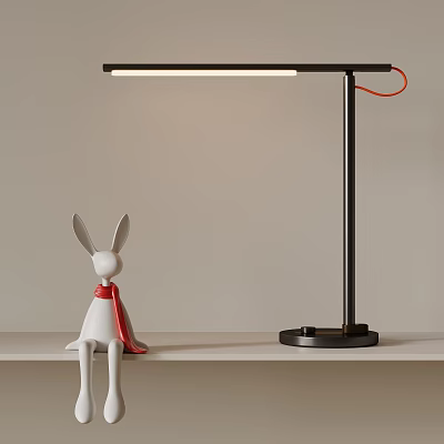 Adorable White Rabbit Doll With Red Scarf And Stylish Black Desk Lamp On Light Tabletop 3d model