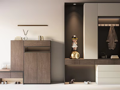 Modern Wooden Shoe Cabinet With Storage Compartment And Decorative Ornaments Near Shoes 3d model