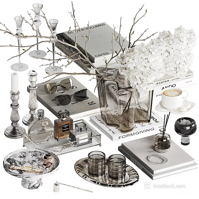 Elegant Decorative Ornaments Set With Vase Books Perfume Bottle And White Flowers 3d model 