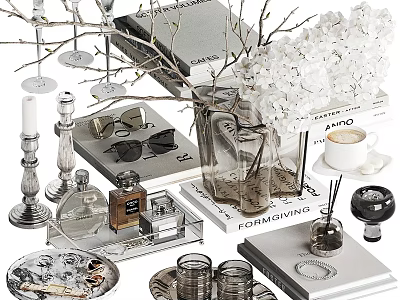 Elegant Decorative Ornaments Set With Vase Books Perfume Bottle And White Flowers 3d model