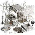 Elegant Decorative Ornaments Set With Vase Books Perfume Bottle And White Flowers