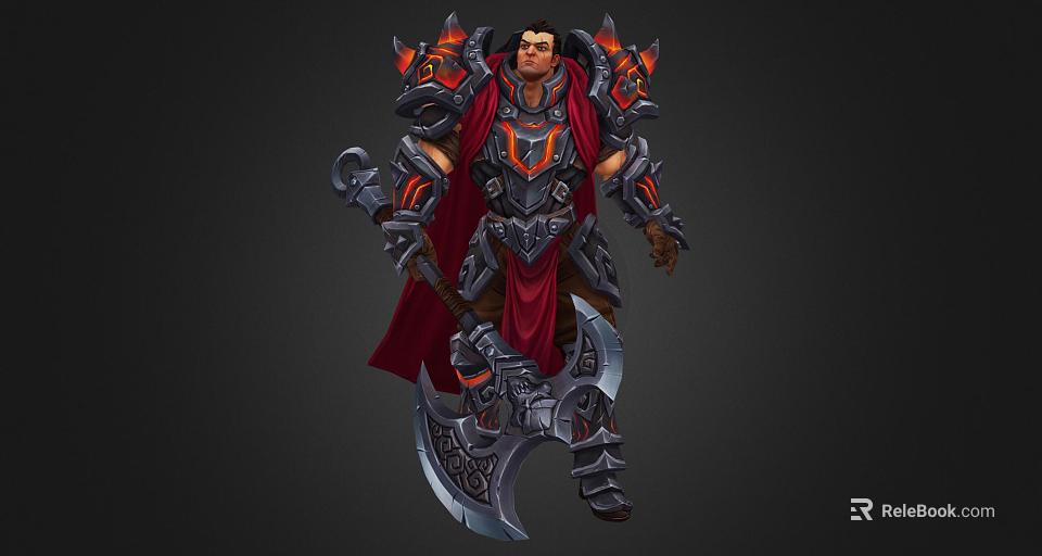 Armored Game Movie Character Warrior With Red Cape Wielding Battle Axe And Metal Armor 3d model 