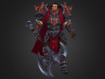 Armored Game Movie Character Warrior With Red Cape Wielding Battle Axe And Metal Armor 3d model