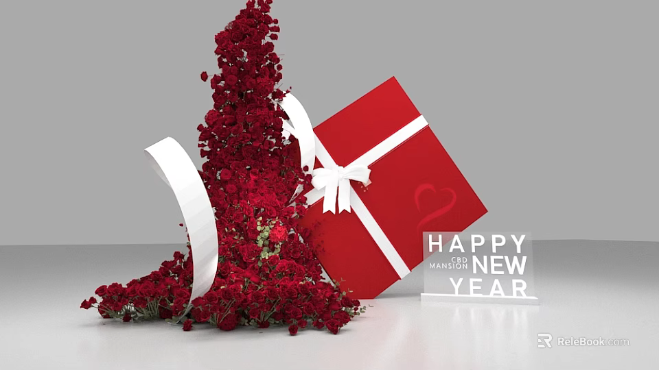 Floral Installation with Red Roses Red Gift Box and White Ribbon for New Year 3d model 