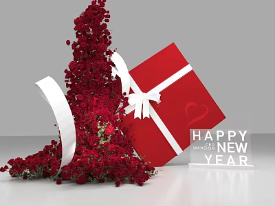 Floral Installation with Red Roses Red Gift Box and White Ribbon for New Year 3d model