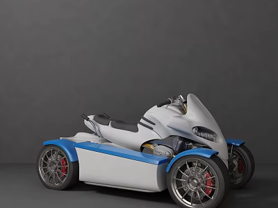 Modern Three Wheeled Motorcycle White And Blue Exterior With Black Seat And Silver Alloy Wheels 3d model