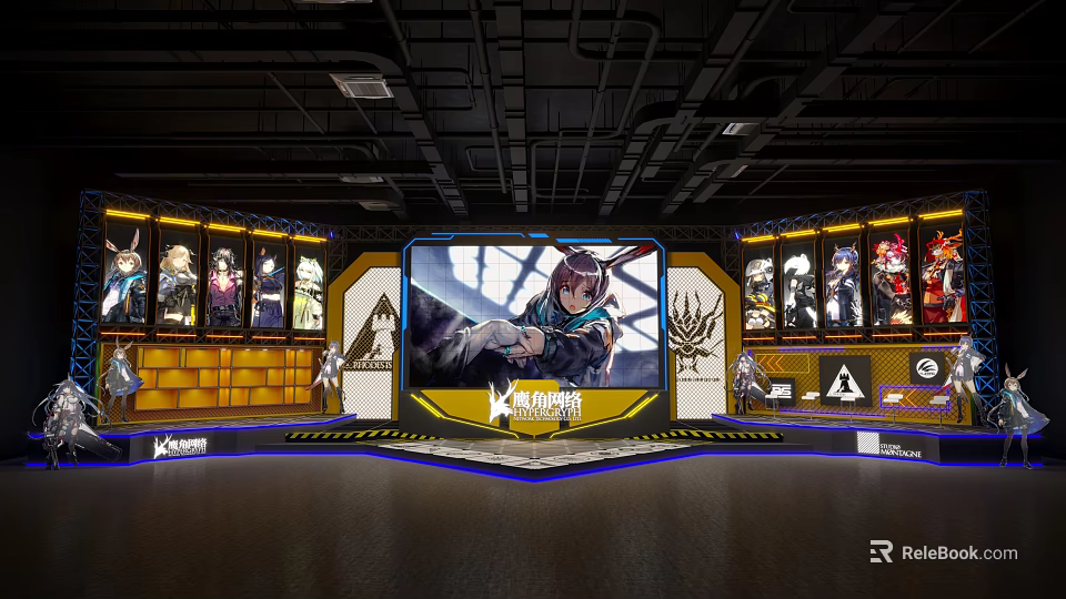 Gaming Character Display Area With Large Screen Figurine Cases Industrial Ceiling Pipes And Kamon Logo 3d model 