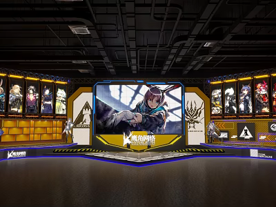 Gaming Character Display Area With Large Screen Figurine Cases Industrial Ceiling Pipes And Kamon Logo 3d model