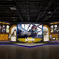 Gaming Character Display Area With Large Screen Figurine Cases Industrial Ceiling Pipes And Kamon Logo