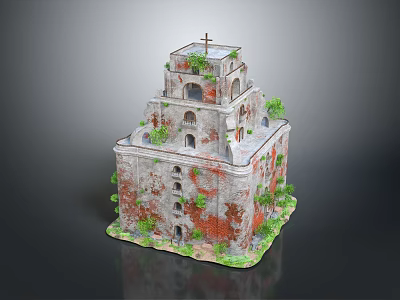 Historic Multi Tiered Ancient Architecture With Cross On Top And Green Plants 3d model