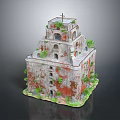 Historic Multi Tiered Ancient Architecture With Cross On Top And Green Plants