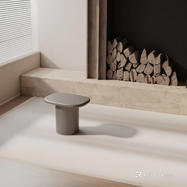 Modern Minimalist Side Table With Round Top And Cylindrical Base By Fireplace With Stacked Wood 3d model 