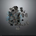 Wood Stone Sphere Composed of Fragmented Rocks in Floating State with Blue Radiant Lines