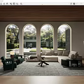 Modern Living Room Interior Design With Arched Windows Wooden Ceiling Green Chairs Sofa Rug