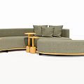 Curved Gray Irregular-Shaped Sofa with Soft Cushions and Wooden Round Side Tables