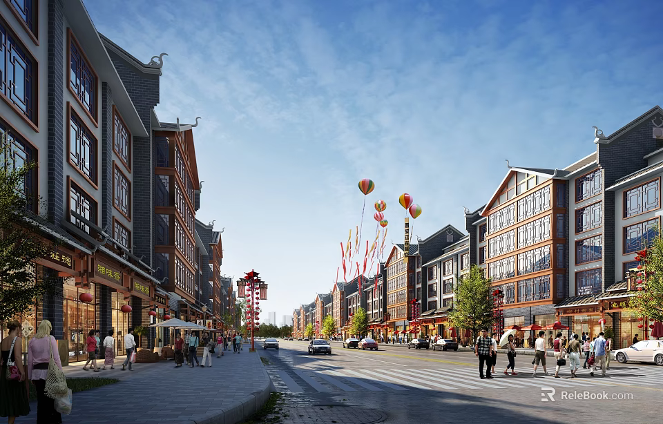 Bustling Traditional Commercial Street With Pedestrians Shops Trees And Festive Balloons 3d model 