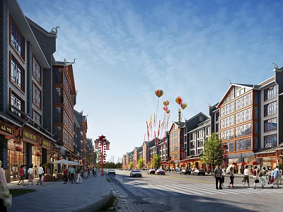 Bustling Traditional Commercial Street With Pedestrians Shops Trees And Festive Balloons 3d model