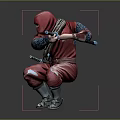 The Man in Red Ninja Costume in Fighting Stance Wielding Dual Swords with Rope Details