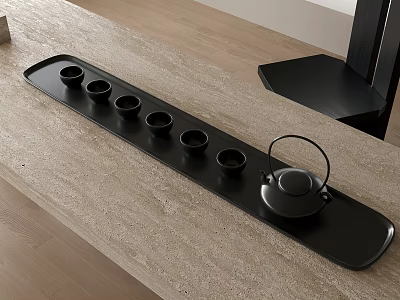 Elegant Black Tea Set with Teapot Six Teacups on Black Tray Light Wooden Tabletop 3d model