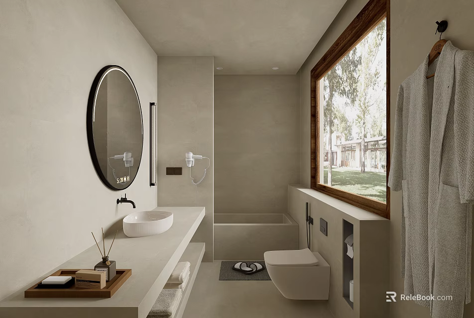 Minimalist Modern Bathroom Interior With Round Mirror White Sink Bathtub And Large Window 3d model 
