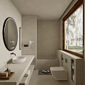 Minimalist Modern Bathroom Interior With Round Mirror White Sink Bathtub And Large Window
