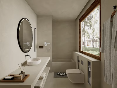 Minimalist Modern Bathroom Interior With Round Mirror White Sink Bathtub And Large Window 3d model
