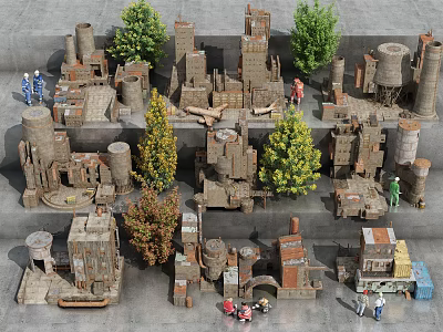 Detailed Industrial Factory Scale Model With Towers Pipes Trees And Figures 3d model