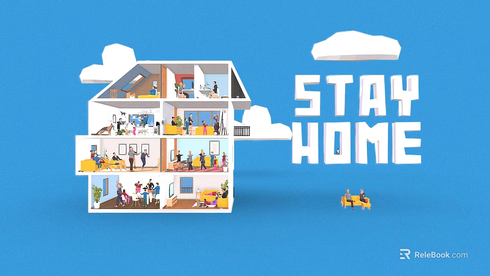 Many People Staying Home in Multi Level House with Various Activities 3d model 