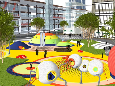 Colorful Outdoor Playground With Play Structures Trees Active Children And Urban Buildings 3d model