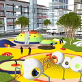 Colorful Outdoor Playground With Play Structures Trees Active Children And Urban Buildings