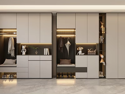 Modern Shoe Cabinet Design With Sleek Storage Seat Hooks And LED Lighting Details 3d model